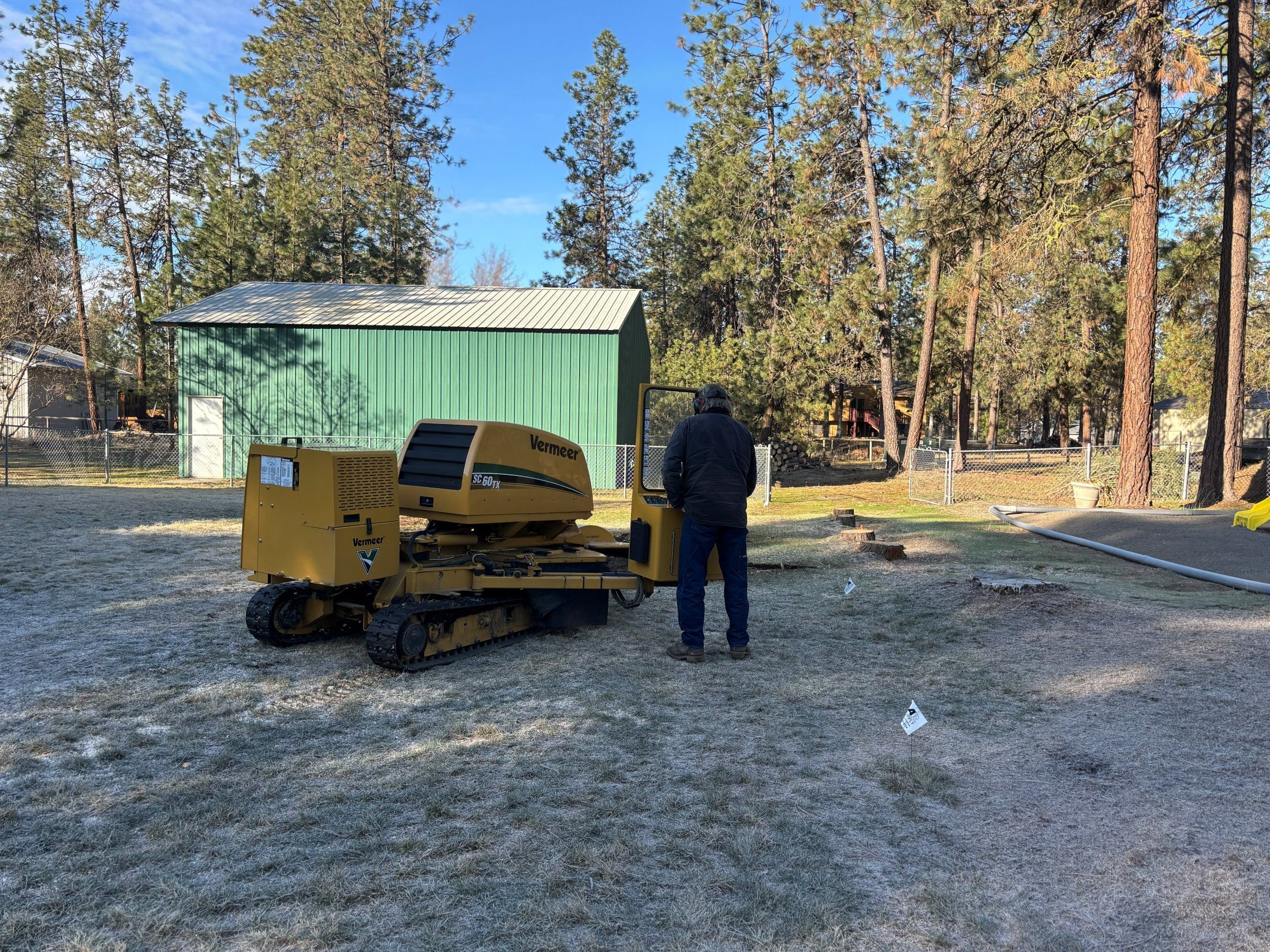 Our tracked stump grinder parked on a frosty lawn between pines, ready to grind